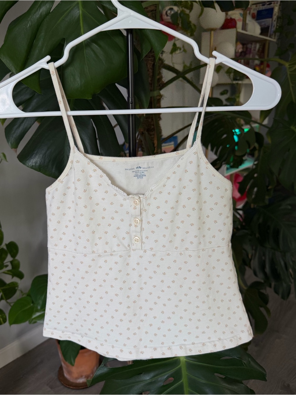 Brandy Melville Cream Floral Print Spaghetti Strap Tank